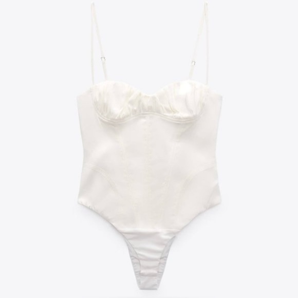 Zara Corset Sweetheart Neckline Linen Blend White Bodysuit - Picture 2 of 10